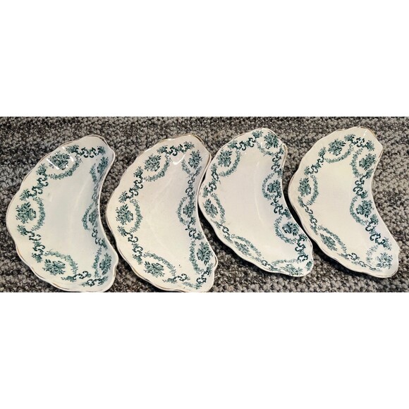 Vintage Set of 4 Crescent Plates Green & White By Royal Louise England Made - Picture 3 of 8
